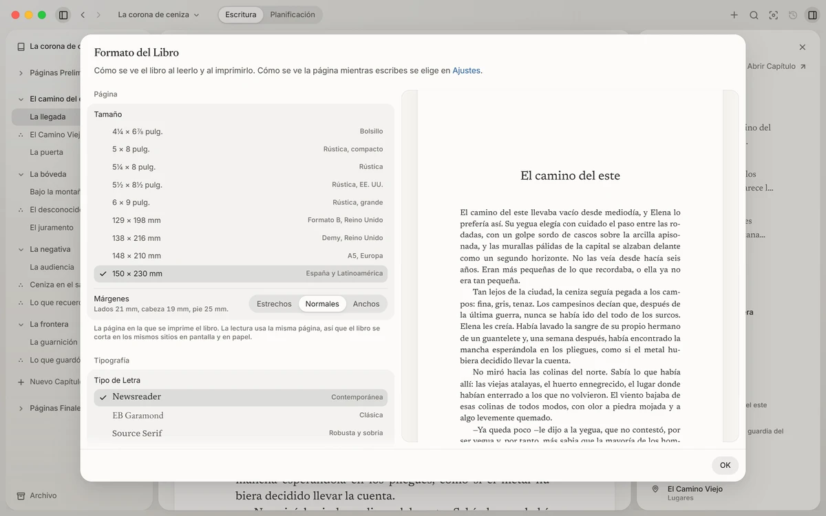 Formato del Libro: el tamaño de la página, los márgenes y la tipografía junto al primer capítulo del libro, compuesto en su página