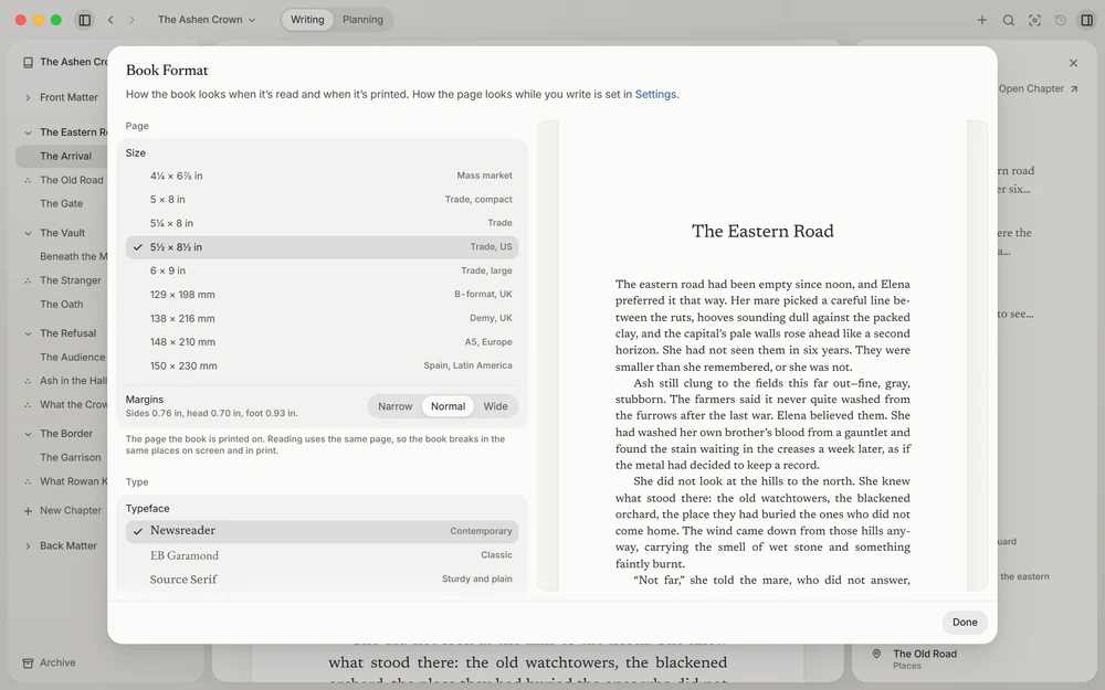 Book Format, its settings beside the book's pages, set as they'll be read and printed.