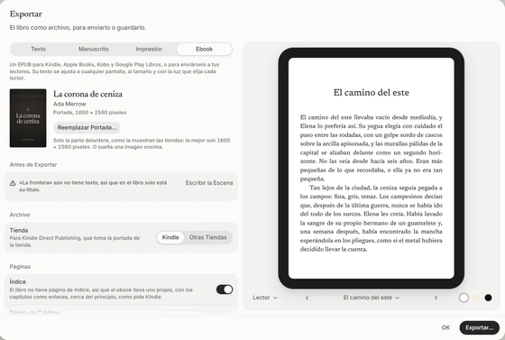 Exportar con el ebook elegido, con sus ajustes junto a la cubierta del libro y el ebook tal como lo mostrará un lector.