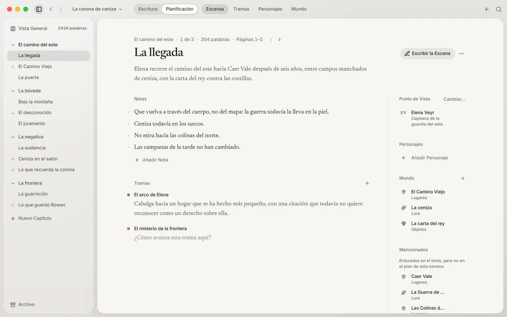 El plan de una escena en Planificación: su resumen, sus notas, sus tramas, su punto de vista y los personajes y lugares que aparecen en ella, junto a los capítulos del libro.