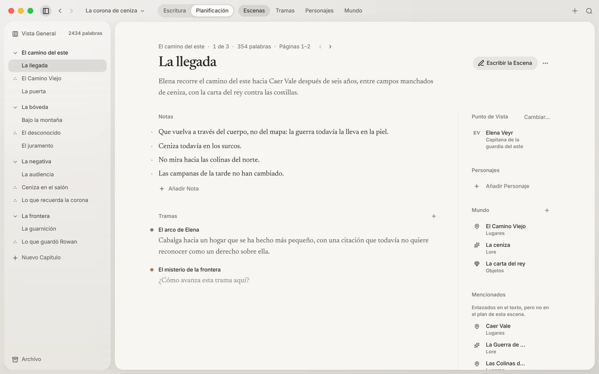 El plan de una escena: su resumen, sus notas, sus tramas, sus personajes y su mundo