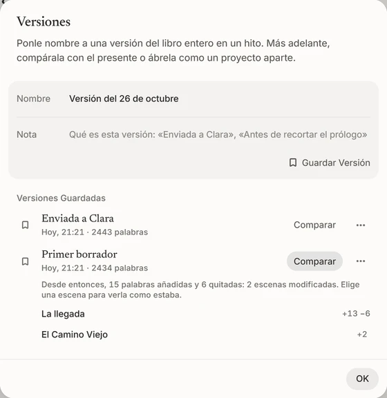 Las versiones guardadas del libro, el primer borrador comparado con el de ahora, escena a escena