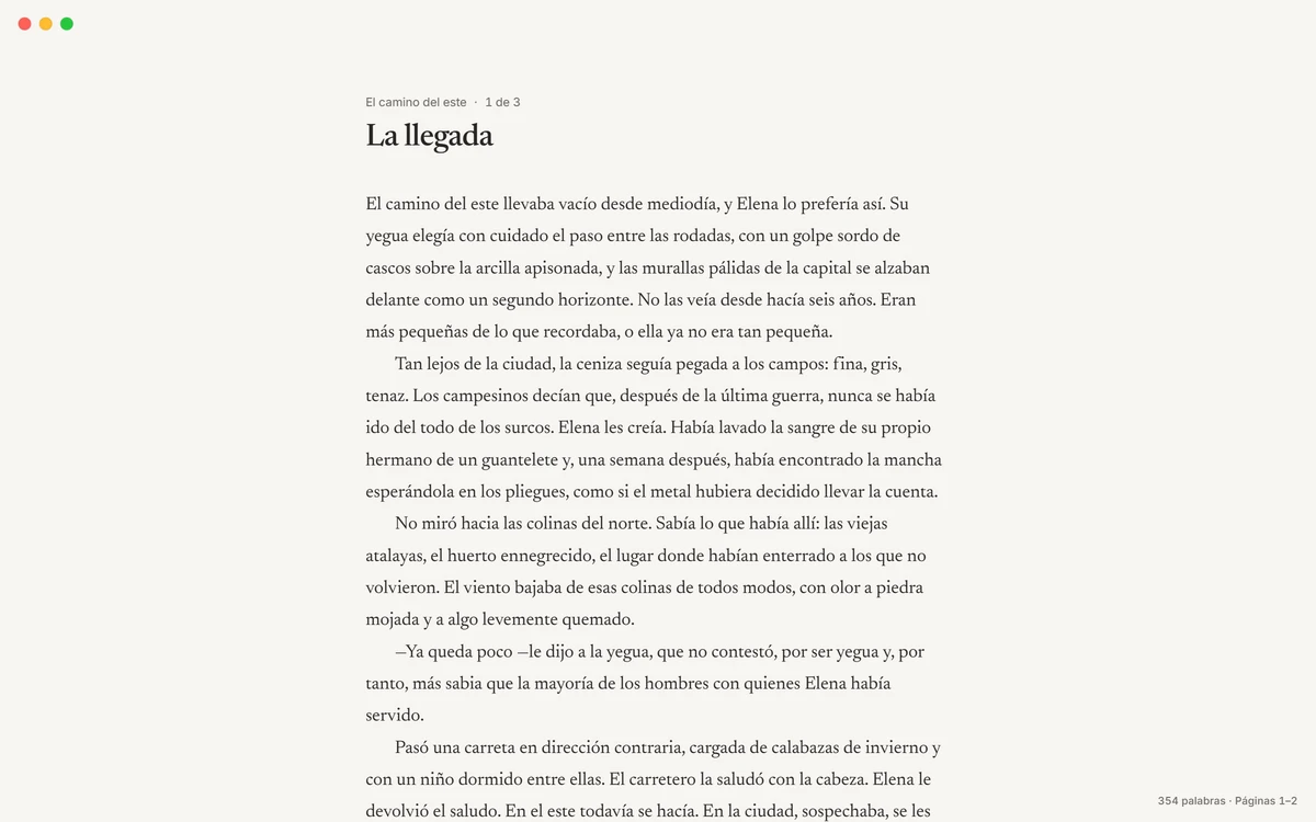 La misma escena en el Modo Concentración: solo la página, sin la barra de herramientas ni los paneles